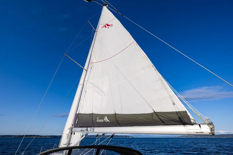 Dragon Fly Yacht Photos Pics Sailing yacht Hanse 418, 2019 model, with white sails against a clear blue sky.