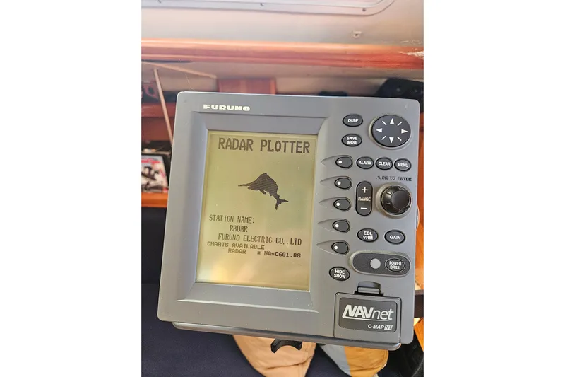 Solimar Yacht Photos Pics Furuno radar plotter on 2005 Hunter 41 AC sailboat, displaying navigation data.