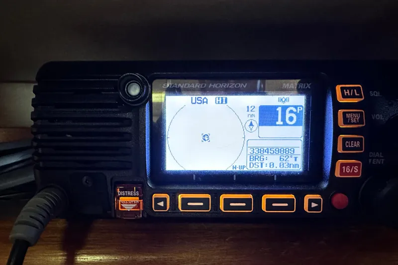 Solimar Yacht Photos Pics Standard Horizon marine radio display on a 2005 Hunter 41 AC sailboat.