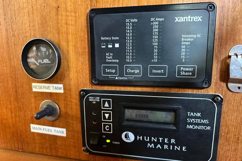 Solimar Yacht Photos Pics Control panel of a 2005 Hunter 41 AC sailboat with fuel and battery monitors.