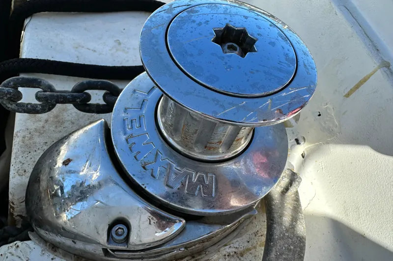 Solimar Yacht Photos Pics Chrome anchor windlass on a 2005 Hunter 41 AC sailboat deck.