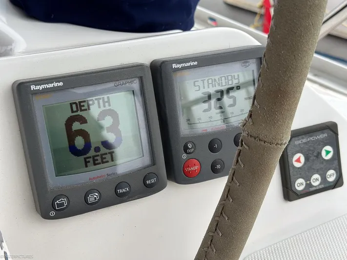 Kinship Ll Yacht Photos Pics Catalina 445 yacht instruments showing depth of 6.3 feet and heading of 325 degrees.