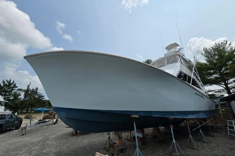  Yacht Photos Pics 1986 Ocean Yachts 55 Super Sport on dry dock, showcasing sleek design and sturdy build.