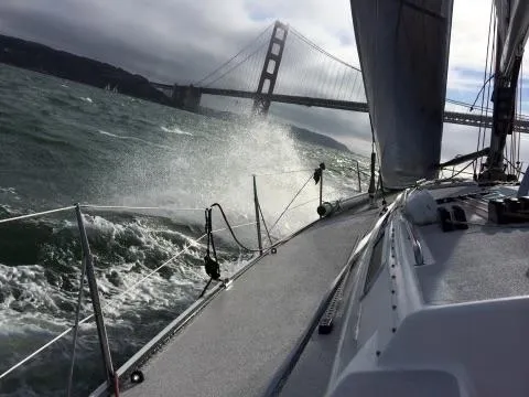 Medusa Yacht Photos Pics Sailing a 1996 Santa Cruz 52 near the Golden Gate Bridge.
