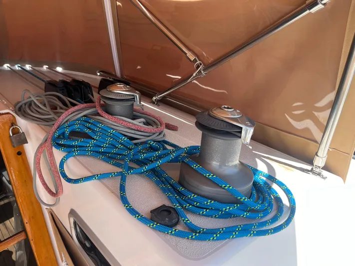 Medusa Yacht Photos Pics Sailing ropes and winches on a 1996 Santa Cruz 52 yacht deck.