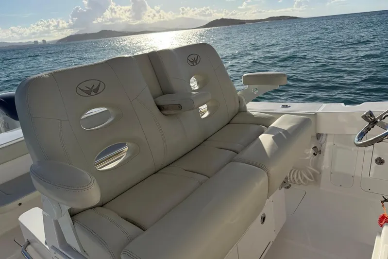  Yacht Photos Pics 2022 Southport 30 FE boat with luxurious seating, ocean view in the background.