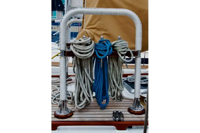 Sara Yacht Photos Pics Sailboat deck with neatly coiled ropes, Passport 42 model, 1986.