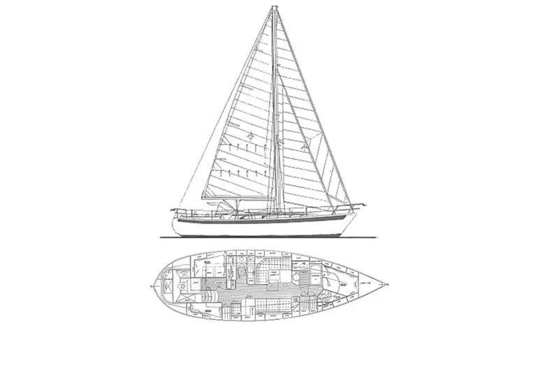 Sara Yacht Photos Pics Blueprint of 1986 Passport 42 sailboat, side and top views, detailed layout.