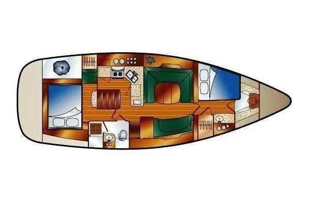  Yacht Photos Pics Floor plan of a 2006 Hunter 41 DS sailboat, featuring cabins and living areas.