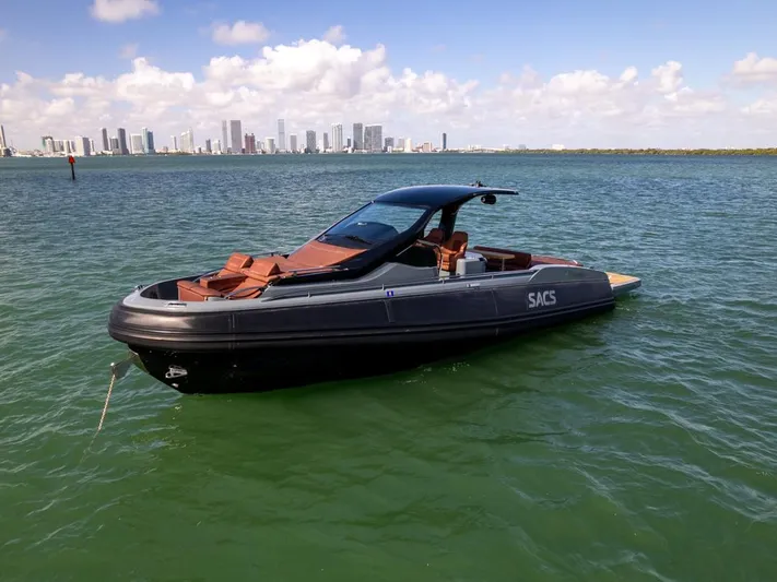 B-offline Yacht Photos Pics 2019 SACS Rebel 40 boat on water with city skyline in background.