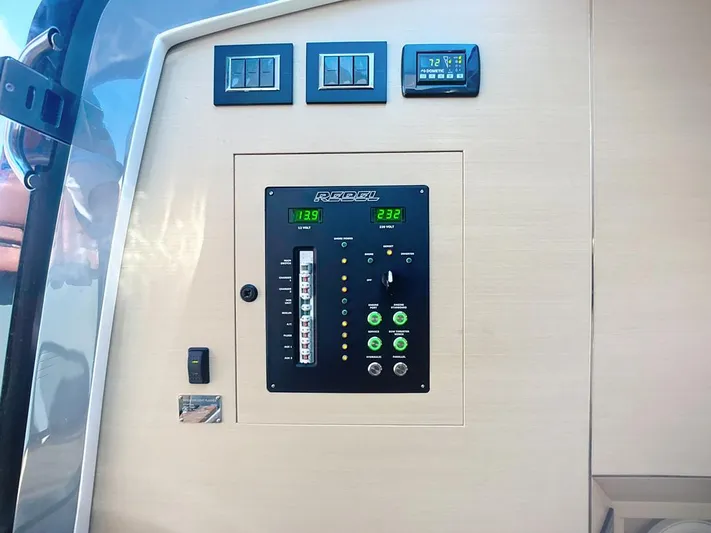 B-offline Yacht Photos Pics Control panel on 2019 SACS Rebel 40 boat, featuring digital displays and switches.