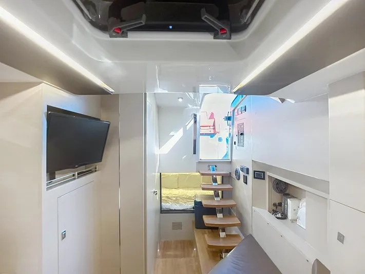 B-offline Yacht Photos Pics Interior of 2019 SACS Rebel 40 yacht, featuring modern design, TV, and wooden stairs.