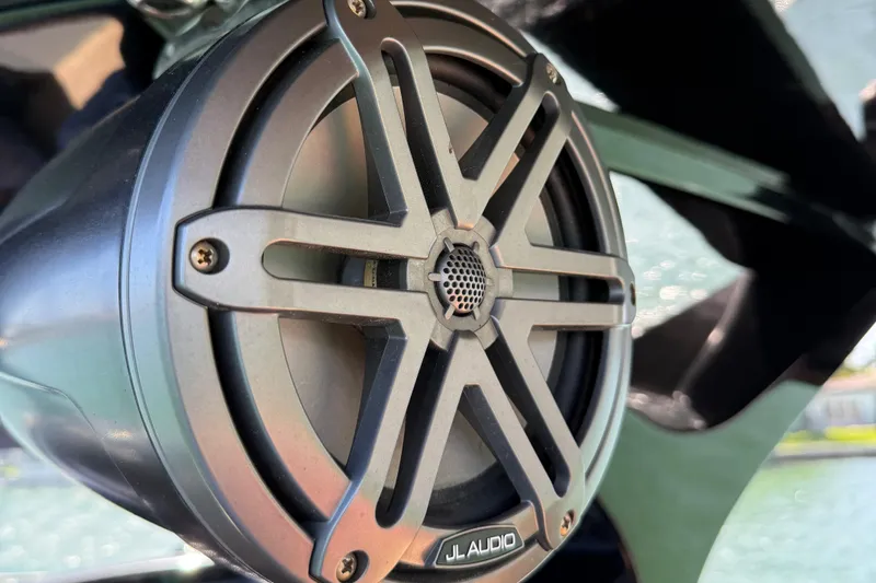 B-offline Yacht Photos Pics JL Audio speaker on 2019 SACS Rebel 40 boat, close-up view.