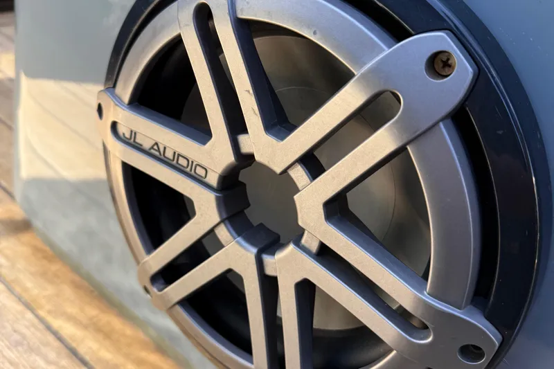 B-offline Yacht Photos Pics Close-up of JL Audio speaker on 2019 SACS Rebel 40 boat.