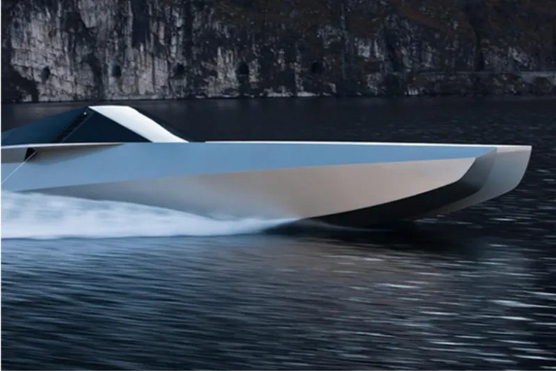 No Name Yacht Photos Pics Futuristic 2025 Offshore Racing Code X speedboat gliding on water near rocky cliffs.