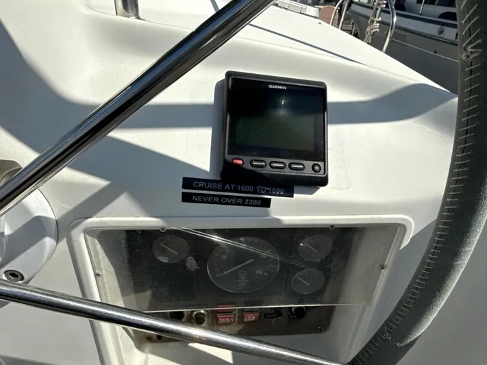 Gonzo Yacht Photos Pics Control panel of a 1997 Beneteau 50 sailboat with navigation instruments.
