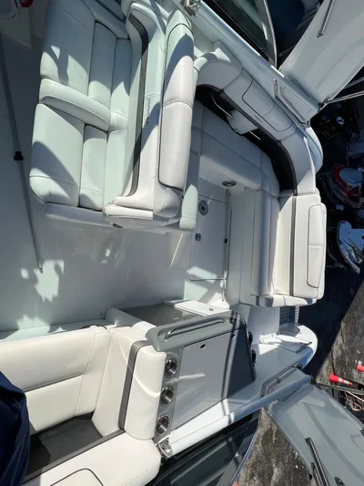  Yacht Photos Pics 2014 Formula 350 Crossover Bowrider interior with white leather seating.