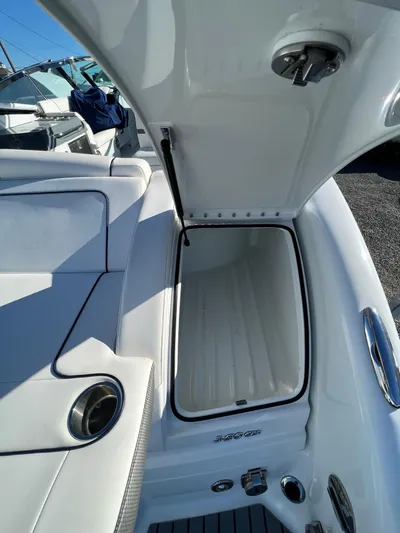  Yacht Photos Pics 2014 Formula 350 Crossover Bowrider storage compartment open on deck.