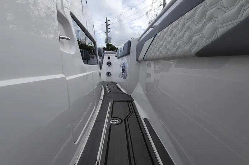  Yacht Photos Pics 2025 Fountain 38 SCX boat interior with sleek design and modern upholstery.