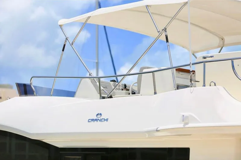  Yacht Photos Pics 2016 Cranchi Eco Trawler 53 Long Distance yacht with canopy against blue sky.