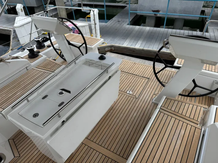 Sensei Yacht Photos Pics Beneteau Oceanis 46.1 yacht deck, 2021 model, featuring dual steering wheels and teak flooring.
