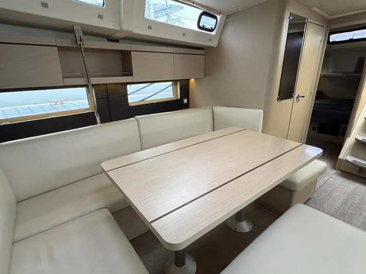 Sensei Yacht Photos Pics Interior of 2021 Beneteau Oceanis 46.1 yacht with modern dining area and seating.
