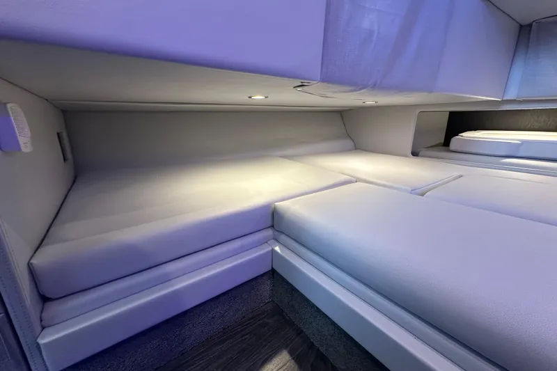  Yacht Photos Pics 2024 Formula 330 CBR cabin interior with sleek, modern design and ambient lighting.