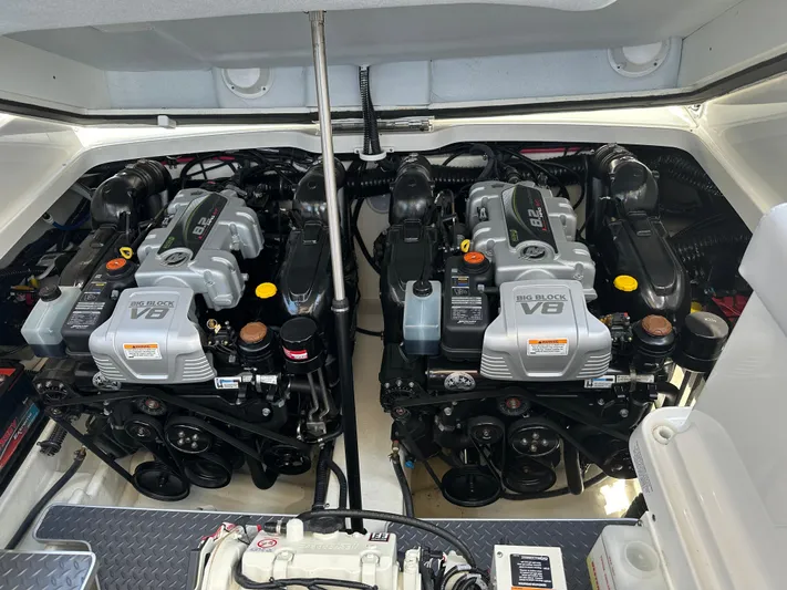  Yacht Photos Pics 2024 Formula 330 Crossover Bowrider I/O engine compartment with dual big block V8 engines.