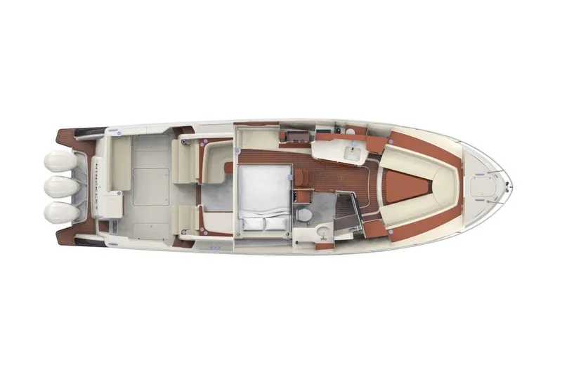 Yacht Photos Pics Manufacturer Provided Image: Top view of 2023 Hinckley Sport Boats 40x layout with triple outboard engines.