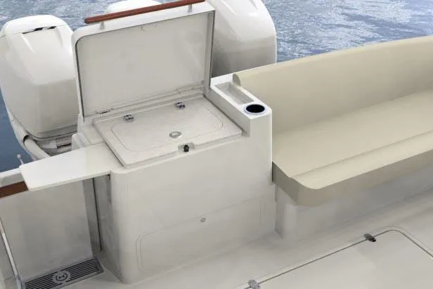  Yacht Photos Pics Manufacturer Provided Image: 2023 Hinckley Sport Boats 40x interior with seating and storage compartment.