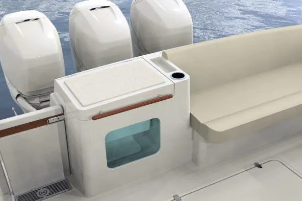  Yacht Photos Pics Manufacturer Provided Image: 2023 Hinckley Sport Boats 40x interior with seating and outboard motors.