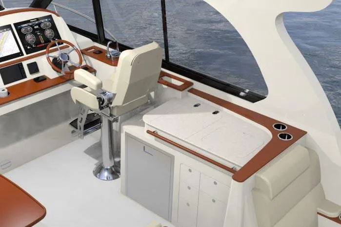  Yacht Photos Pics Manufacturer Provided Image: 2023 Hinckley Sport Boats 40x interior helm station with modern controls and seating.