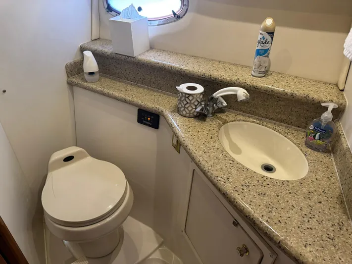  Yacht Photos Pics Bathroom interior of 2001 Carver 450 Voyager Pilothouse with sink and toilet.