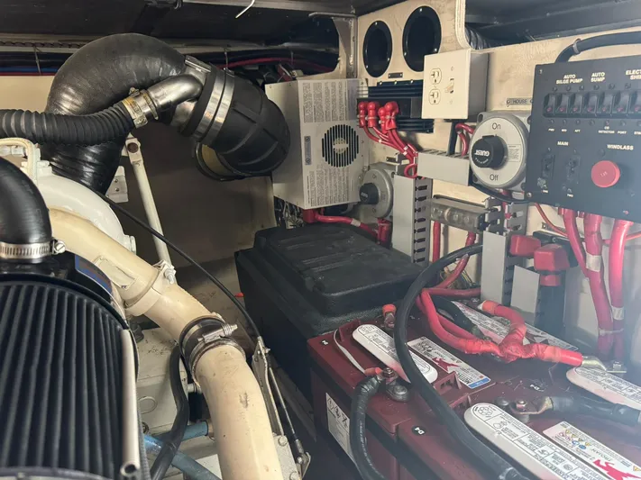  Yacht Photos Pics Engine room of 2001 Carver 450 Voyager Pilothouse with batteries and electrical components.