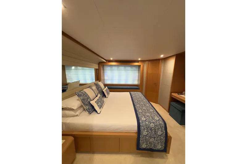  Yacht Photos Pics Luxurious bedroom interior of 2010 Ferretti Yachts 800 with elegant bedding and modern design.