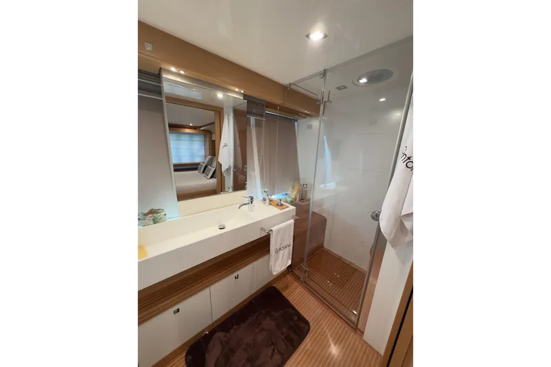 Yacht Photos Pics Luxurious bathroom in 2010 Ferretti Yachts 800, featuring modern fixtures and elegant design.