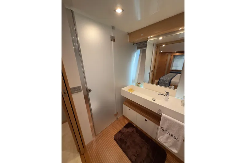  Yacht Photos Pics Luxurious bathroom interior of 2010 Ferretti Yachts 800 with modern fixtures and elegant design.