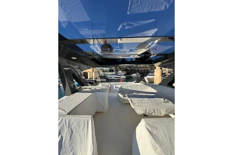  Yacht Photos Pics Luxurious 2010 Ferretti Yachts 800 interior with marina view, featuring elegant seating.