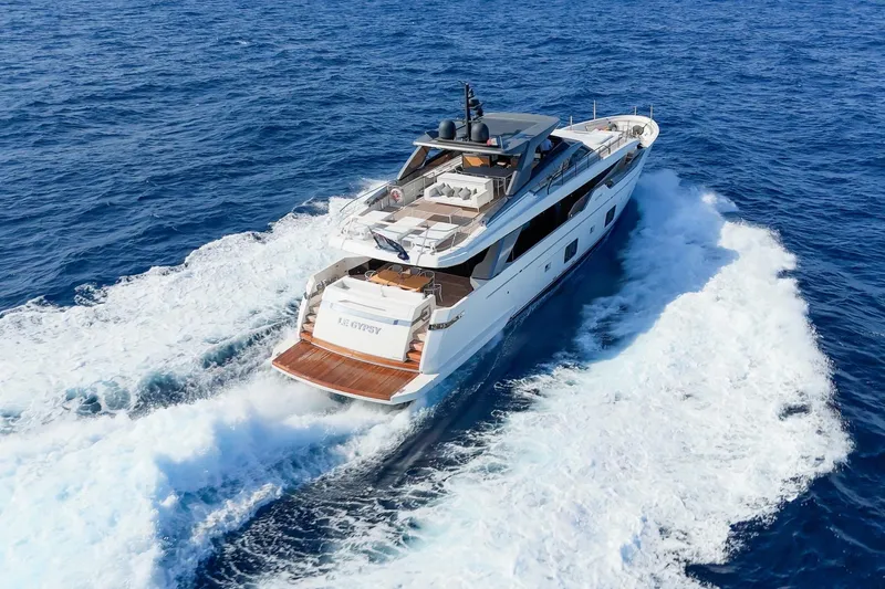 Le Gypsy Yacht Photos Pics Luxurious 2018 Sanlorenzo 102A yacht cruising on open blue sea.
