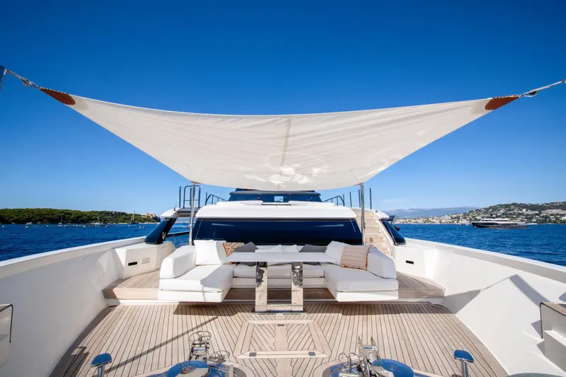 Le Gypsy Yacht Photos Pics Luxurious 2018 Sanlorenzo 102A yacht deck with elegant seating and sunshade on open water.