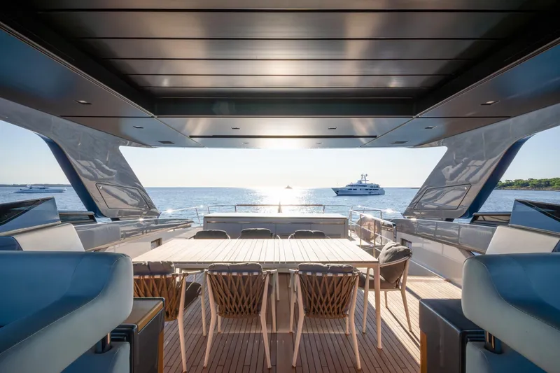 Le Gypsy Yacht Photos Pics Luxurious 2018 Sanlorenzo 102A yacht deck with ocean view and elegant seating.
