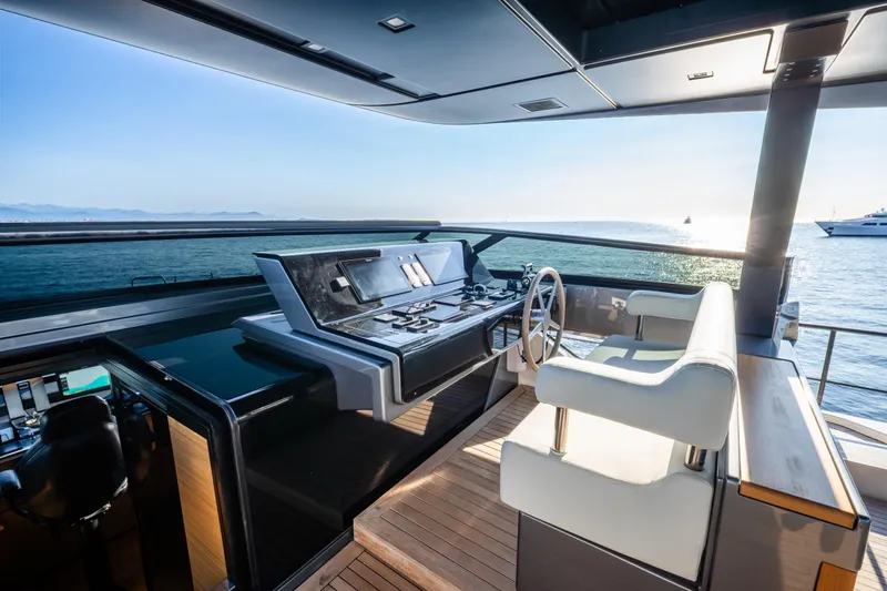 Le Gypsy Yacht Photos Pics Luxurious 2018 Sanlorenzo 102A yacht helm with ocean view and modern controls.