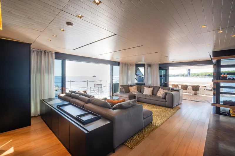 Le Gypsy Yacht Photos Pics Luxurious interior of 2018 Sanlorenzo 102A yacht with ocean view and modern furnishings.