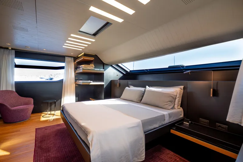 Le Gypsy Yacht Photos Pics Luxurious bedroom interior of 2018 Sanlorenzo 102A yacht with modern design and natural lighting.