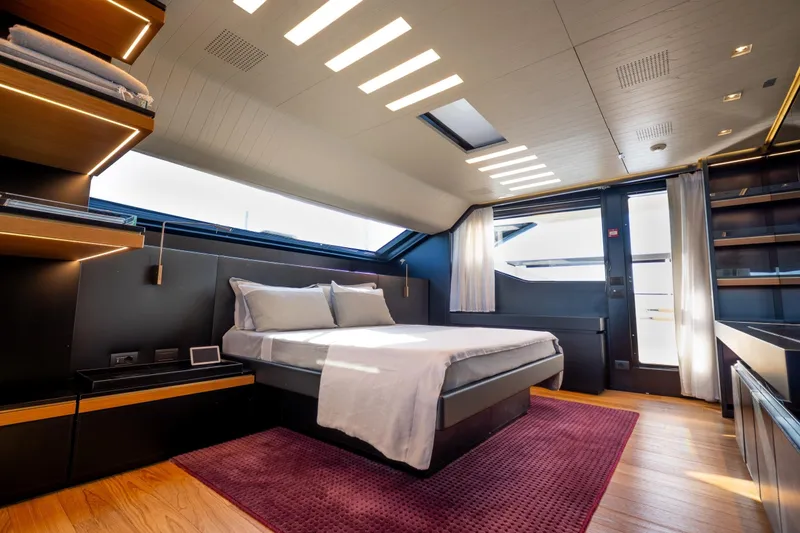 Le Gypsy Yacht Photos Pics Luxurious Sanlorenzo 102A 2018 yacht bedroom with modern design and elegant lighting.