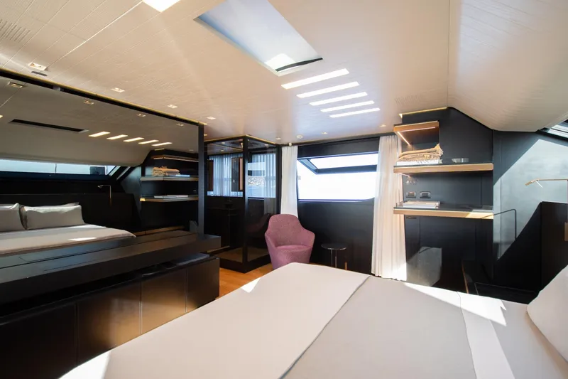 Le Gypsy Yacht Photos Pics Luxurious interior of 2018 Sanlorenzo 102A yacht with modern design and elegant furnishings.