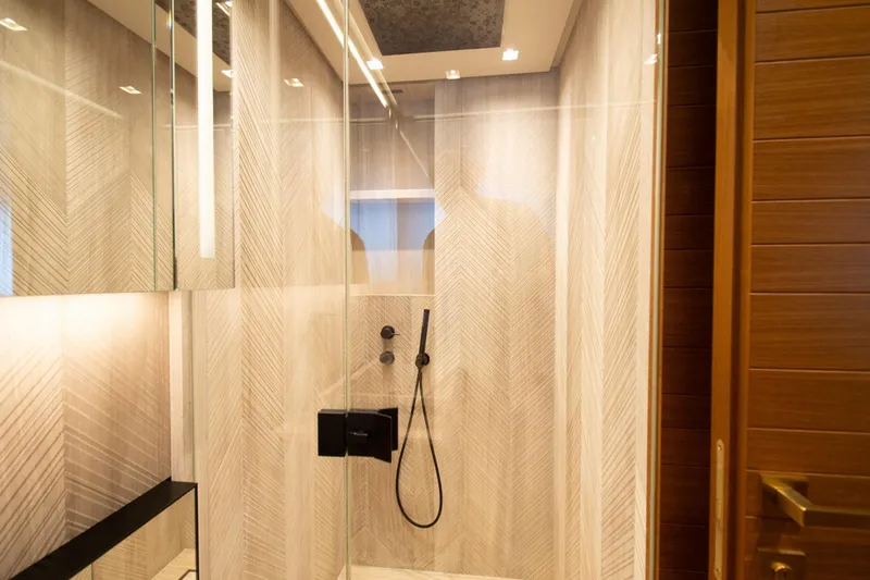 Le Gypsy Yacht Photos Pics Luxurious shower area in 2018 Sanlorenzo 102A yacht with modern design and elegant finishes.
