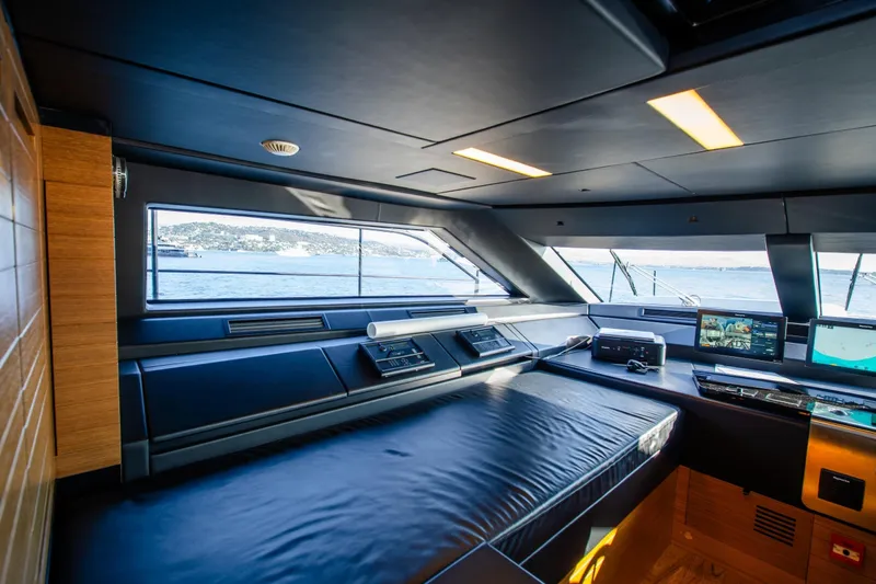 Le Gypsy Yacht Photos Pics Luxurious interior of 2018 Sanlorenzo 102A yacht with modern navigation equipment and sea view.