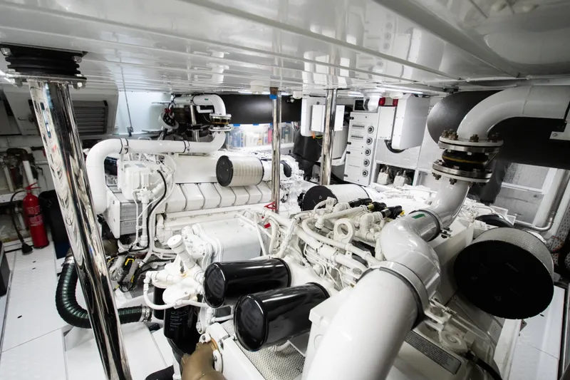 Le Gypsy Yacht Photos Pics Engine room of 2018 Sanlorenzo 102A yacht, featuring advanced machinery and piping systems.