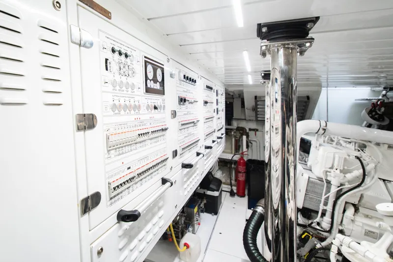 Le Gypsy Yacht Photos Pics Engine room of 2018 Sanlorenzo 102A yacht with control panels and machinery.